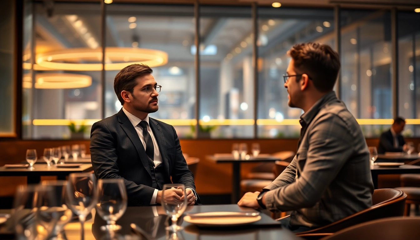 Headhunter Gastronomie im Gespräch mit einem Restaurantmanager in einem eleganten Ambiente.