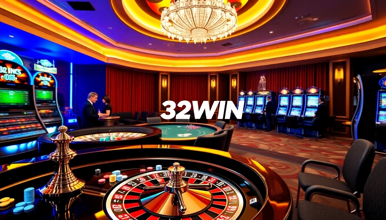 Players engaging at the 32WIN poker table, surrounded by vibrant casino excitement.