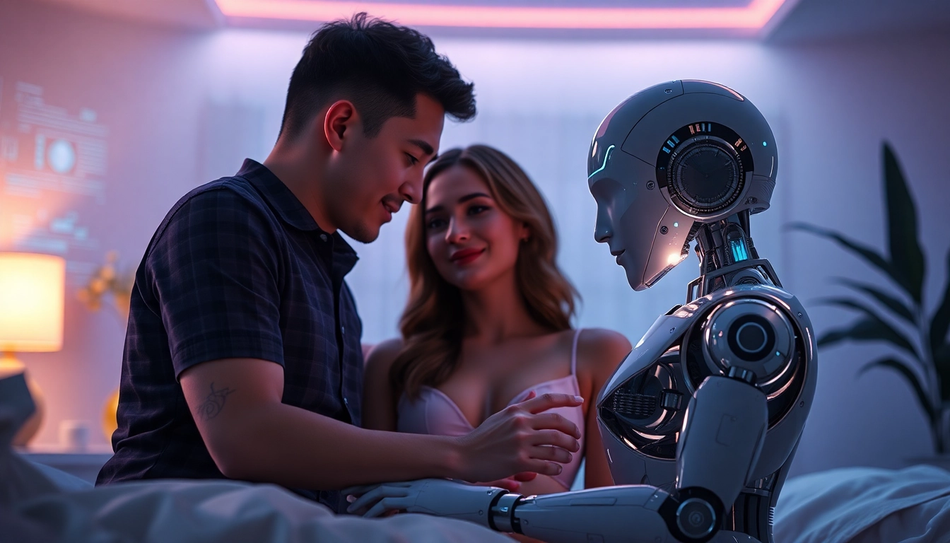 AI sex bot interaction in a futuristic, intimate setting with ambient lighting.