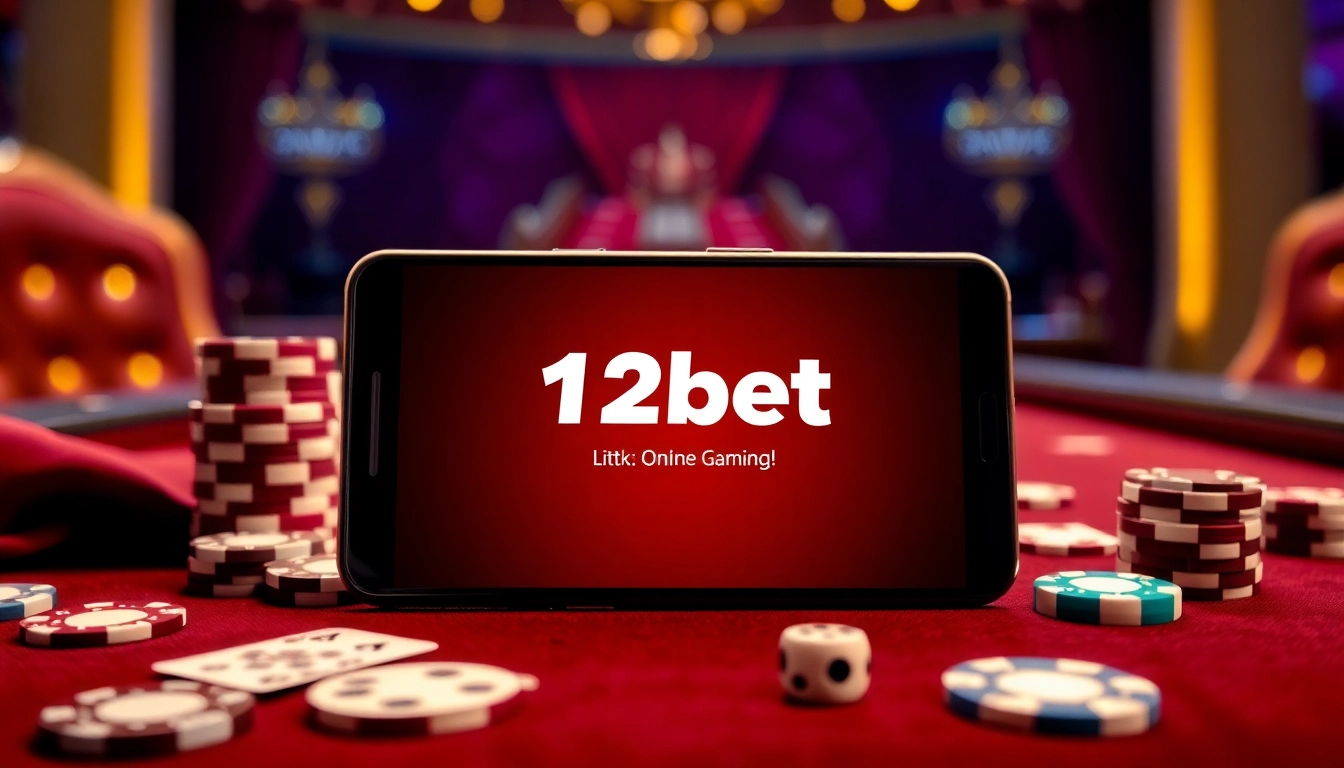 Engaging gamblers with the link 12bet on a stylish smartphone amid a vibrant casino setting.