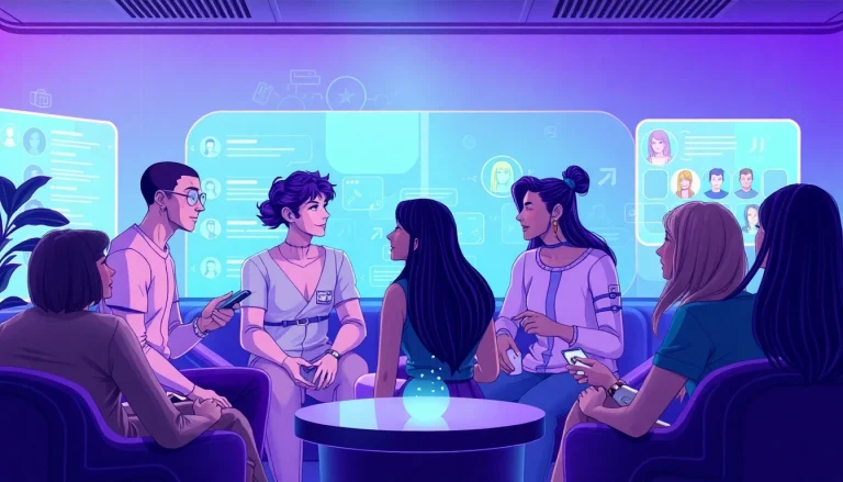 Engaging scene of individuals using ai chat nsfw with holographic interfaces in a modern lounge.