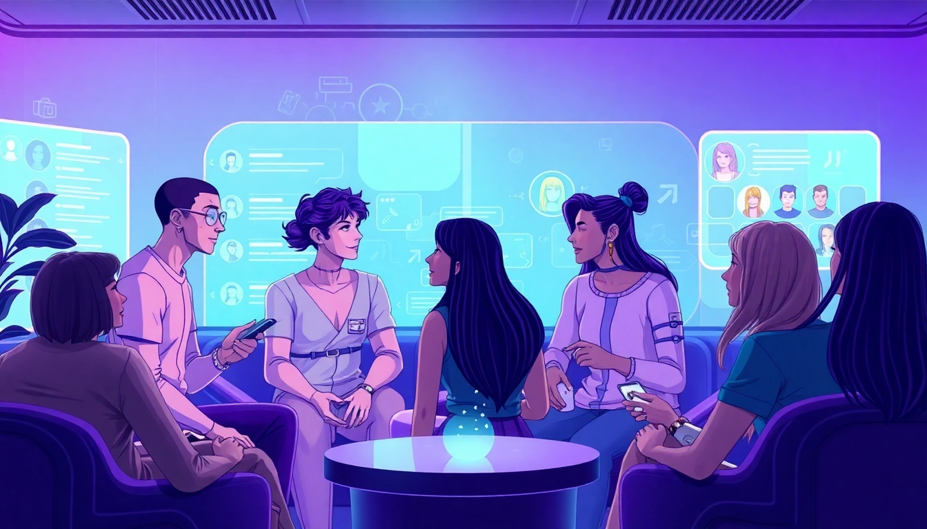 Engaging scene of individuals using ai chat nsfw with holographic interfaces in a modern lounge.