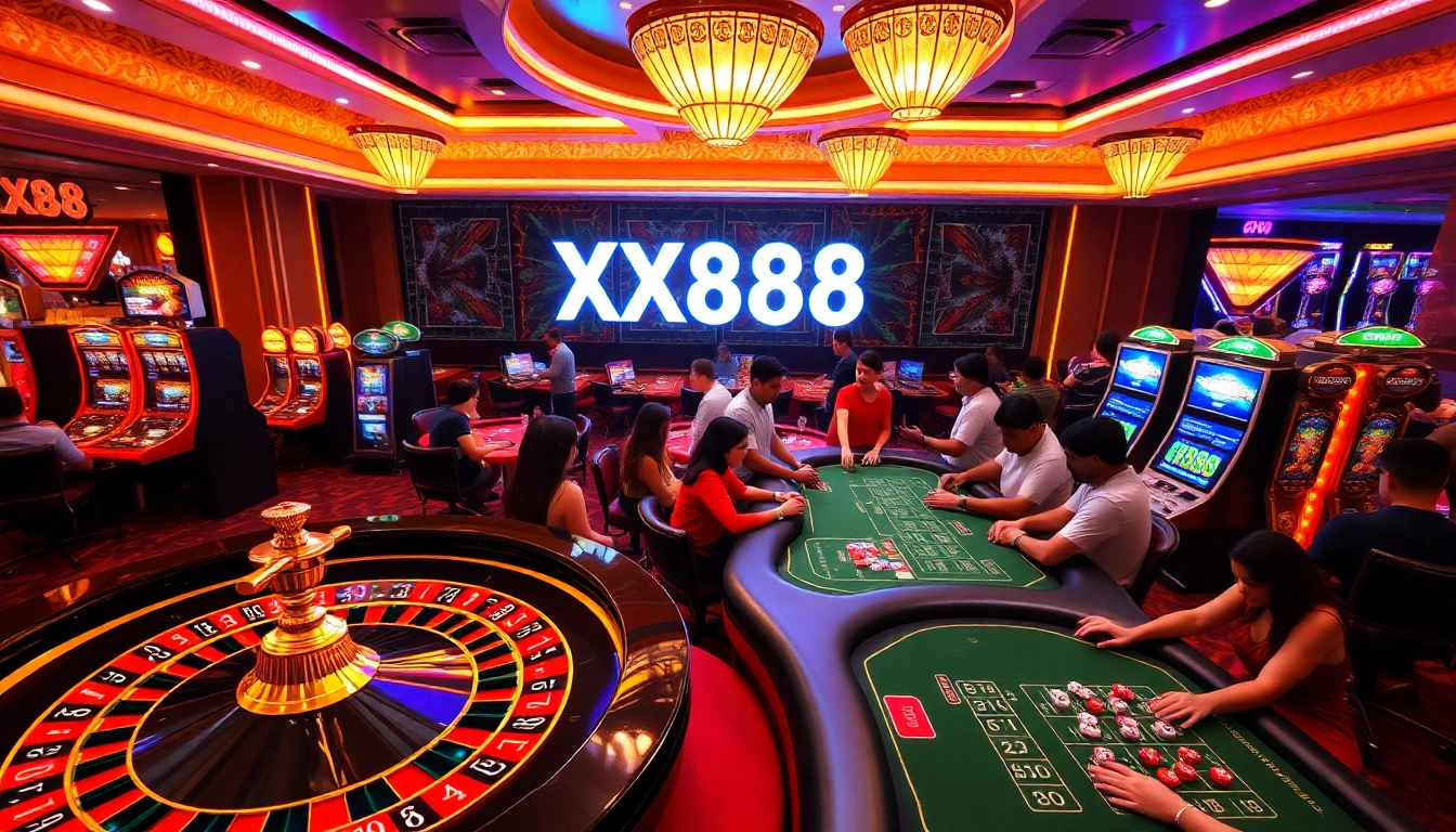 Experience the thrill of the casino with XX888, where players engage passionately at roulette tables and slot machines.