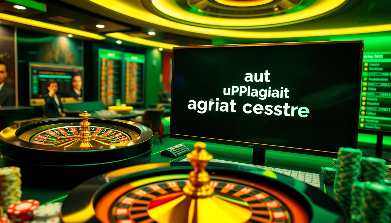 An exciting online gambling scene featuring roulette wheels and poker chips while focusing on auf Plagiat prüfen.