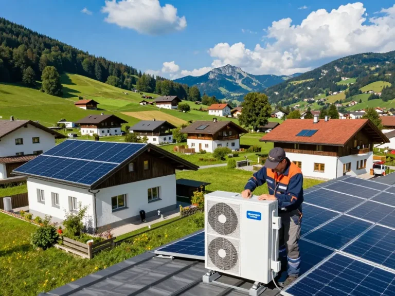 Installation von Photovoltaik Bayern mit Solarpanelen auf Wohnhäusern und einem Techniker, der eine Wärmepumpe einrichtet.