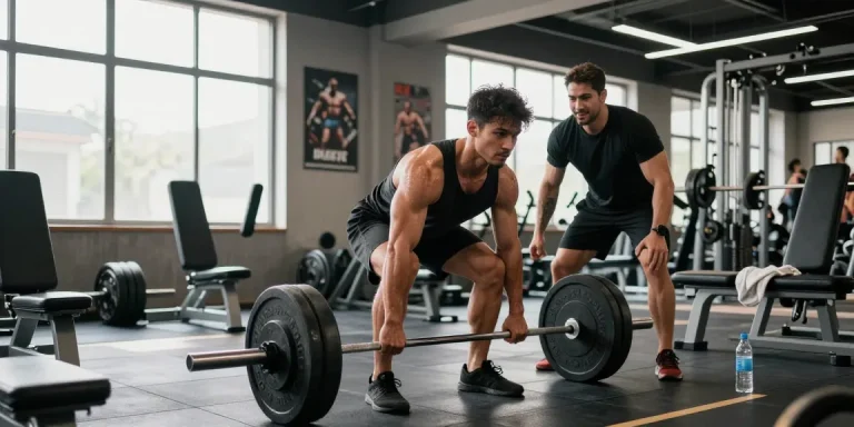 Anabolika Shop's dynamic fitness scene showcasing a bodybuilder deadlifting with gym equipment and a supportive training partner, emphasizing strength.