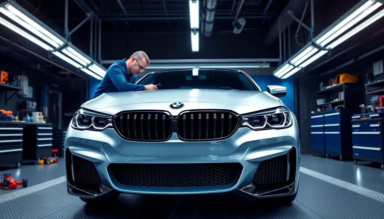 BMW Codierer arbeitet sorgfältig an einem BMW in einer modernen Garage.