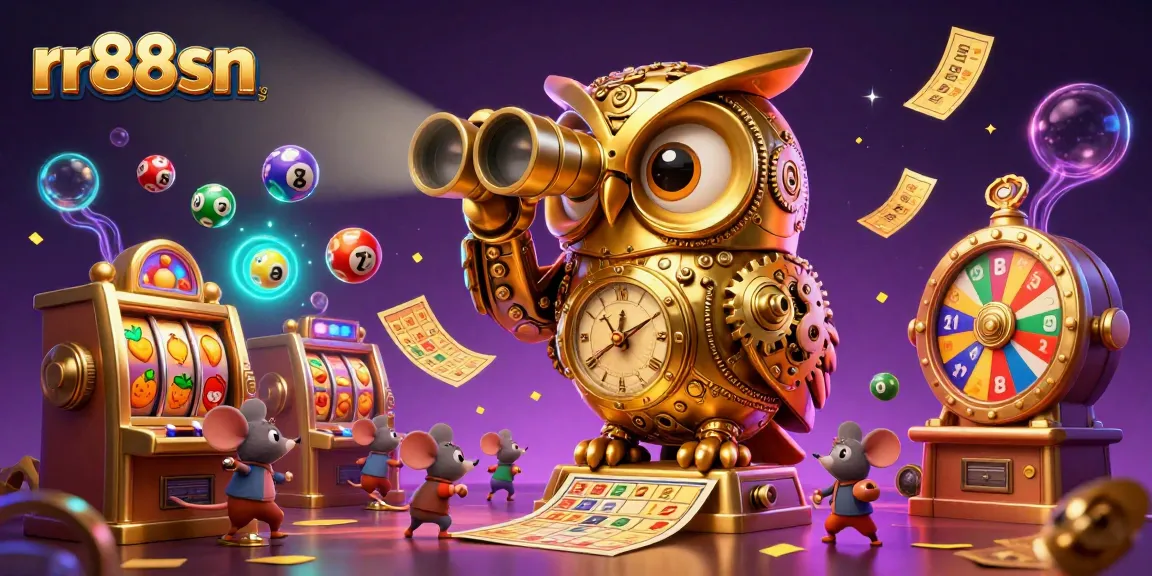 Engage your luck at rr88sn's vibrant casino featuring a golden owl and lottery elements.