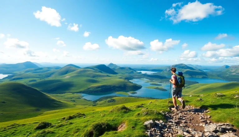 Erleben Sie Wandern Irland Urlaub mit einem Wandersmann in der malerischen Landschaft Irlands.