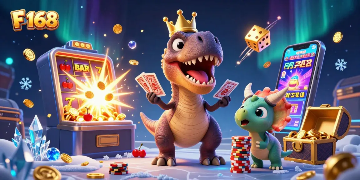 Engage in thrilling gameplay at F 168 with T-Rex shuffling cards and a pterodactyl assistant amid vivid casino elements.