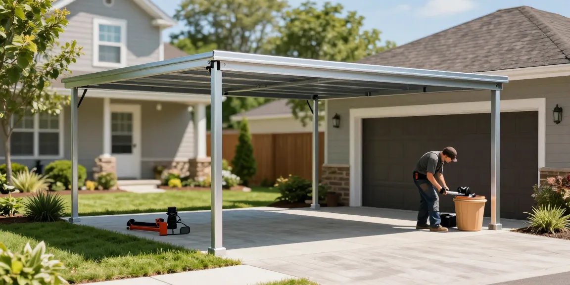 Moderne Carport-Installation in einem Vorstadtgarten mit Handwerker und Werkzeugen.