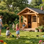 Gartenhaus kaufen: modernes Holz-Gartenhaus inmitten eines blühenden Gartens, ideal für entspannte Familienmomente.