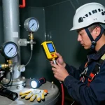 Techniker mit Gasmessgerät in einem engen Raum, Sicherheitsstandards prüfen.
