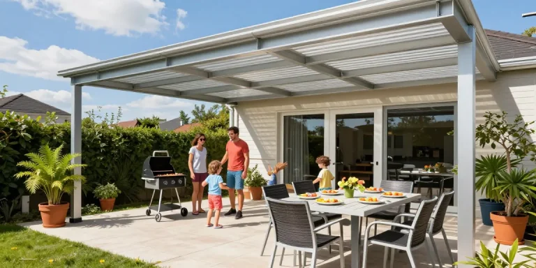 Moderne Terrassenüberdachung schützt vor der Sonne, während die Familie im Garten entspannt und grillt.