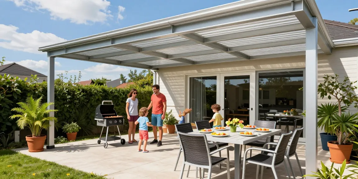 Moderne Terrassenüberdachung schützt vor der Sonne, während die Familie im Garten entspannt und grillt.