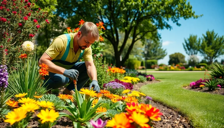 Garten und Landschaftsbau im Fokus: Professioneller Landschaftsgestalter arbeitet in einem sonnigen Garten.