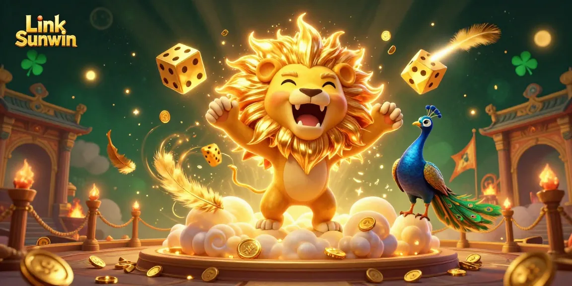 Engage with Link Sunwin, featuring a triumphant sun lion on vibrant gaming cloudscapes with golden dice and more.