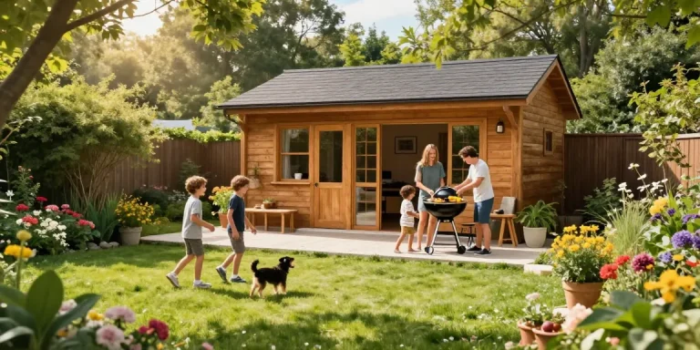 Gartenhäuser in einem blühenden Garten, Familie genießt sonnigen Tag im Freien.
